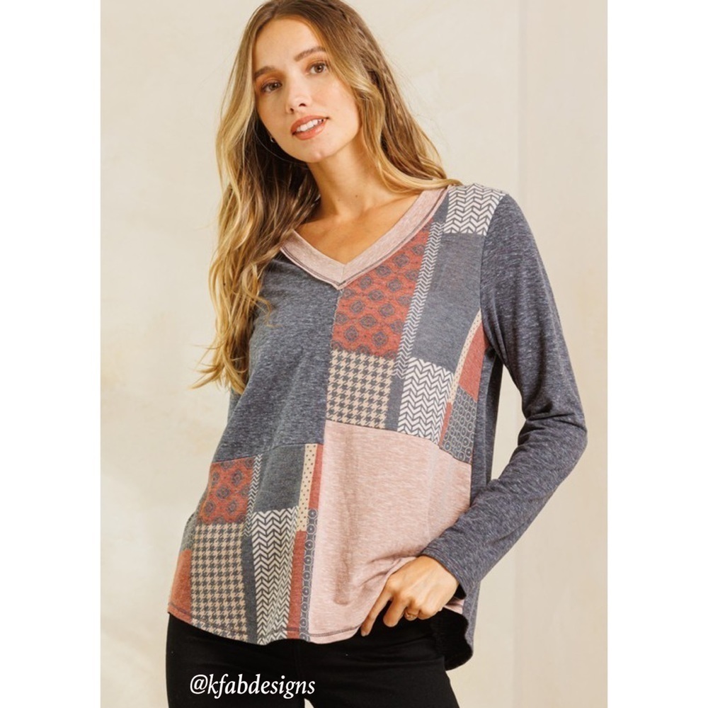 LAST 1! Beautiful V Neck Soft Knit Color Block Print Top!